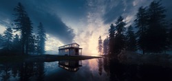 Lake With Vintage Tiny House In A Sunset Forest Environment. 3d Rendering.