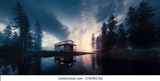 Lake with vintage tiny house in a sunset forest environment. 3d rendering.