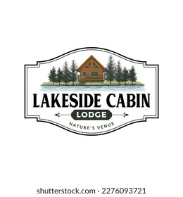 Lakeside Cabin Logo Template Hand Drawn Illustration and Vector Stock Colored - Powered by Shutterstock