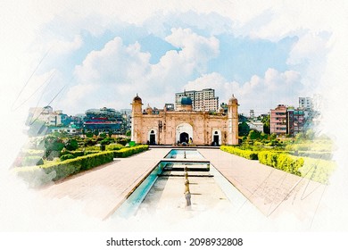Lalbagh Fort Watercolor Painting Sketch Photo Effect