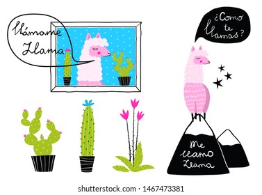 Lama talking  cactus potted hand drawn raster isolated clip art for design  Adorable lama and phrase in speech bubble 