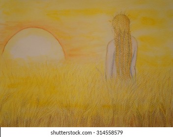 Lammas Or Lughnasadh,  Famous Wiccan Sabbath, Hand Painted Watercolour Illustration