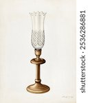 Lamp (ca. 1939) by Walter G. Capuozzo. Vintage glass Lamp watercolor on paper art illustration, antique glass Lamp design. Antique glass Lamp with gold stand art print.