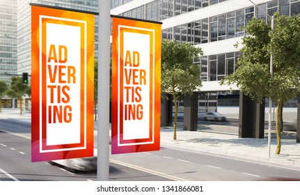 Lamp Post Advertising Banner 3d Rendering Mockup