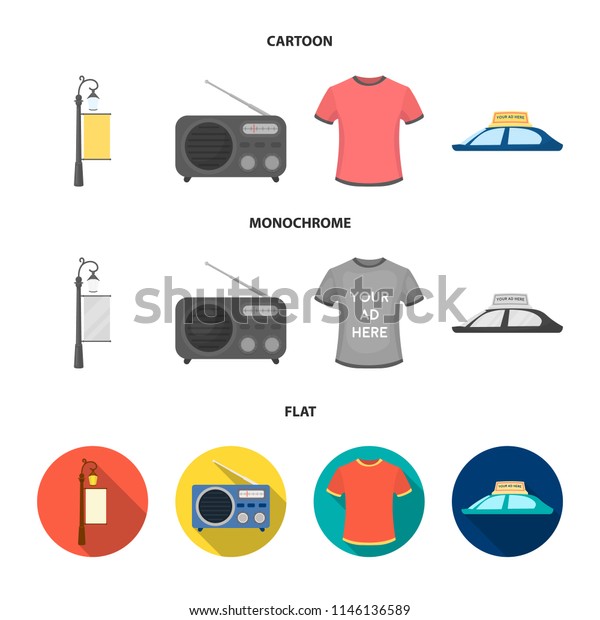A lamppost\
with a sign, a T-shirt with an inscription, a radio, a car\
roof.Advertising,set collection icons in cartoon,flat,monochrome\
style bitmap symbol stock illustration\
web.