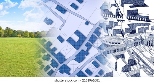 Land Management Concept Image With An Imaginary Cadastral Map Of Territory With A Vacant Land Available For Building Construction And City Background.