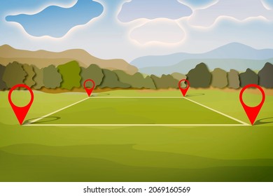 Land plot management - real estate concept illustration with a vacant land on a green field available for building construction and housing subdivision in a residential area