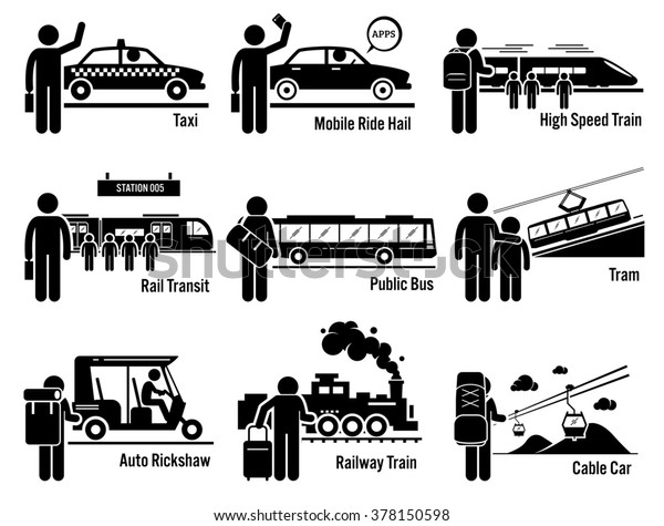 Land Public\
Transportation Vehicles and People Set - Taxi, Mobile Ride Hail,\
High Speed Train, Rail Transit, Public Bus, Tram, Auto Rickshaw,\
Railway Train, and Cable\
Car