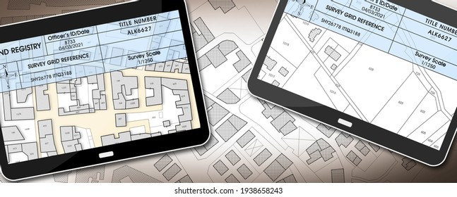 Land registry concept image with an imaginary cadastral map of territory - Property Tax on buildings with land and buildings cadastre with land registry document on a digital tablet - 3D rendering. - Powered by Shutterstock