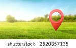 Land for sale with location pin icon on earth and green grass in real estate sale or property investment concept, Buying new home for family - 3d of big advertising sign. Land plot management.