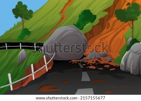 Land slide illustration on a hill side road. Rock on the path of the road after a massive landslide in a ghat road.  [[stock_photo]] © 