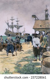 Landing Of 20 African Captives At Jamestown From Dutch Man-of-war 1619 In The Early Colonial Era, 19th Engraving With Modern Color.