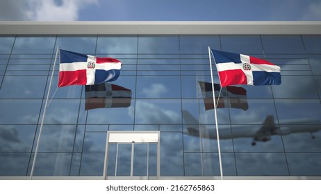 Landing Airliner And Flags Of The Dominican Republic In The Airport Terminal 3D Rendering