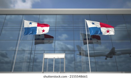 Landing Airliner And Flags Of Panama In The Airport Terminal 3D Rendering