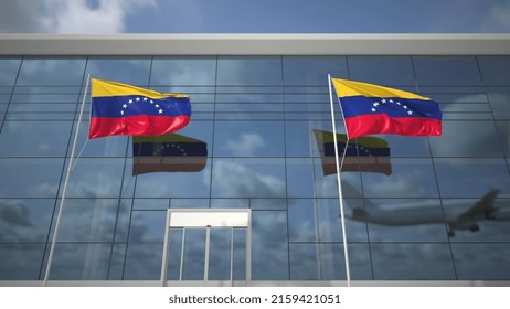 Landing Airliner And Flags Of Venezuela In The Airport Terminal 3D Rendering