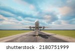 Landing of a commercial aircraft on an airport runway with beautiful afternoon skies, 3D illustration.