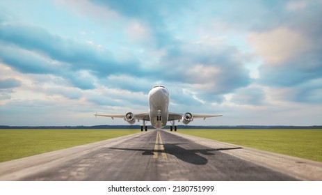 Landing Of A Commercial Aircraft On An Airport Runway With Beautiful Afternoon Skies, 3D Illustration.