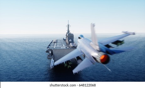 landing jet f16 on aircraft carrier in ocean. Military and war concept. 3d rendering.