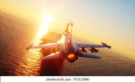landing jet f16 on aircraft carrier in ocean. Military and war concept. 3d rendering.