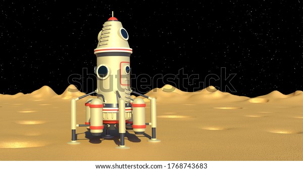 Landing module spaceship on moon surface.
Fantasy retro 3d render
illustration