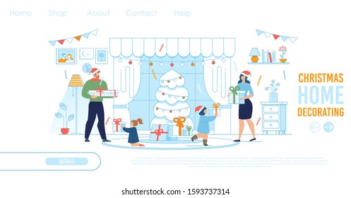 Landing Page for Online Shop Offers Xmas Decor for Home and Gifts Children. Happy Family Characters Exchanging Gifts in Living Room at Home. Holidays Presents and Decoration. Illustration - Powered by Shutterstock