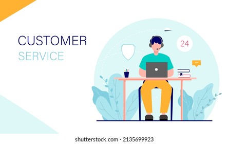 Landing page template. Online support, customer service, call center. Assistant sitting in front of laptop and answering customer questions. illustration.