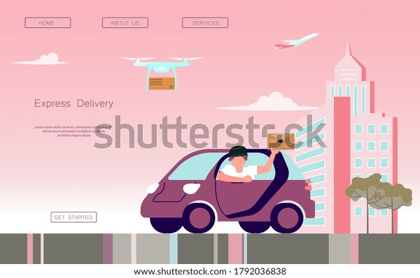 Landing web page template of Landing web\
page template of Courier service. Fast delivery by car, Online\
order concept, Ecommerce. Flat Art Rastered\
Copy
