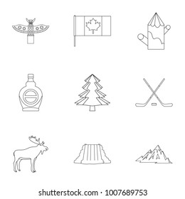 Landmarks of Canada icon set. Outline style set of 9 landmarks of Canada  icons for web isolated on white background