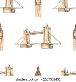 Landmarks Of England, Big Ben, Tower Bridge, Texture In English Style Watercolor Seamless Pattern