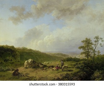 Landscape with an Approaching Rainstorm, by Barend Cornelis Koekkoek, 1825-29, oil on canvas. Picturesque shepherds in the foreground and idealized space link landscape to Romanticism.