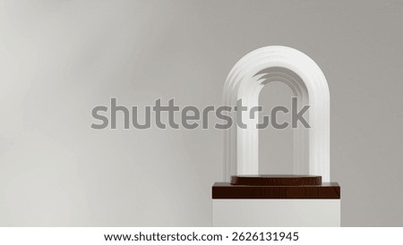 in landscape arch and spheres, rendering 3d empty scene wood texture block and cylinder podium