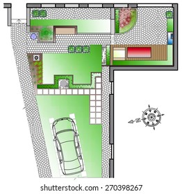 Landscape Architect Drawing. 3D Illustration . Lanning Of Green Space On  Site