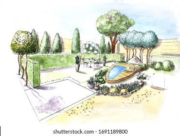 Landscape Architecture Design Plan In The Courtyard Of The Villa, Country House, In The Country. 
Visualization Drawing Picture Sketch,
3d Illustration - Chic Personal Garden For A Project Design.