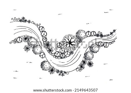 Landscape architecture plan design for backyard, country house or garden with black line. Hand drawn painting on the paper. 