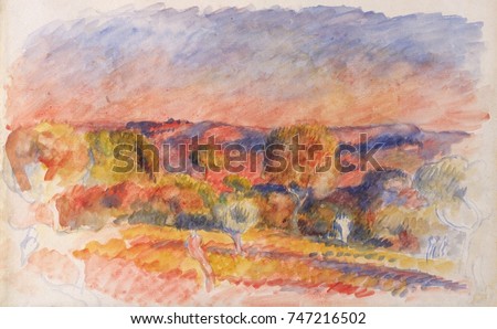 Landscape, by Auguste Renoir, 1889, French impressionist watercolor painting on paper. This Aix-en-Provence scene was painted when Renoir rented a summer house near his friend Cezanne
