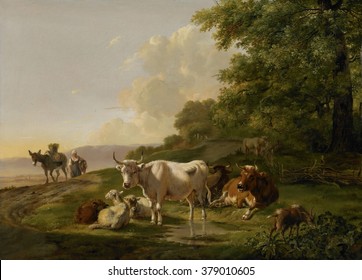 Landscape With Cattle, By Pieter Gerardus Van Os, 1806, Dutch Painting, Oil On Panel. Woman Peasant On Road With A Loaded Donkey. In Foreground Is A Group Of Animals With Cows, Sheep, And A Goat.