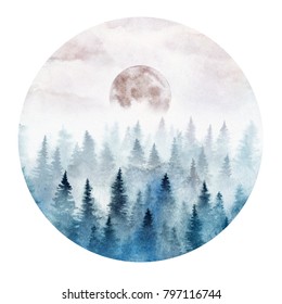 Landscape in a circle with the foggy forest and rising moon. Landscape  painted in watercolor.