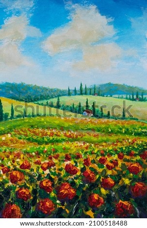 Landscape with colorful flowered field in Tuscany, Italy cloude monet art painting.Picture created with watercolors oil acrylic on canvas
