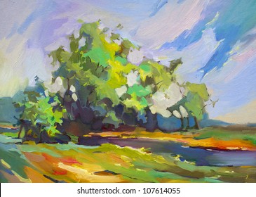 Landscape With A Creek. Oily Painting.