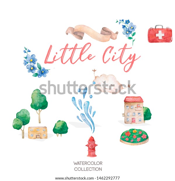 A landscape with cute little house and tree,\
watercolor hand drawn colorful illustration cartoon clip art\
isolated on white\
background