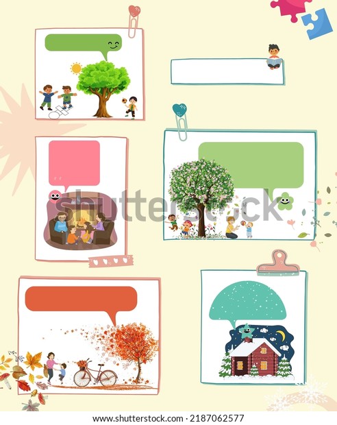 landscape design\
set with Winter, Spring, Summer, Autumn. houses, 4 seasons set and\
Natural landscape at different times of year. family and fireplace\
Beautiful non-urban\
scenes.