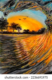 Landscape  Drawing and colored pencils  Trees  sunset  big wave 