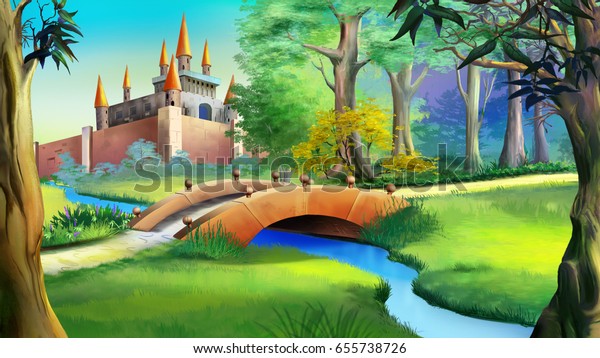 森の中におとぎ話の城と青い川の上に小さな橋を持つ風景 デジタルペイントの背景 漫画風のキャラクターのイラスト のイラスト素材