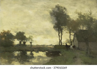 Landscape with Farm with a Pond, by Johan Hendrik Weissenbruch, 1870-1903, Dutch oil painting on canvas. A farmer leads a cow beside pond with row boat.