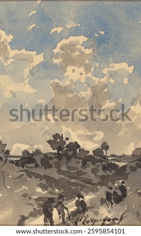 A Landscape with Figures Walking along a Path by Henri Joseph Harpignies. Vintage nature landscape artwork. Vintage painting of nature, illustration art.
