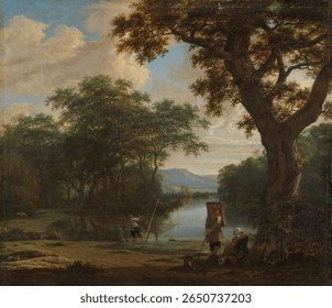 Landscape with Fisherman with a square Net (c 1645 - c 1655) by Joris van der Haagen. Vintage nature landscape painting artwork, old illustration of nature landscape.