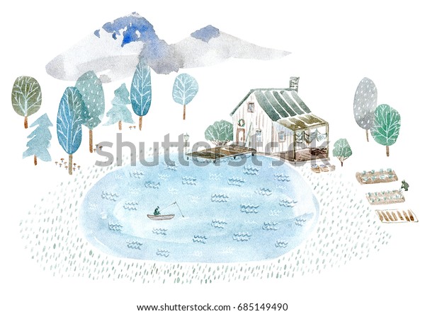 漁師の家と庭の風景 山 森 湖 水彩手描きのイラスト のイラスト素材