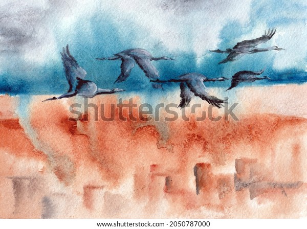 Landscape with flock of cranes over blue sky,\
horizon and abstract earth surface. Hand drawn watercolors on paper\
textures. Raster bitmap\
image
