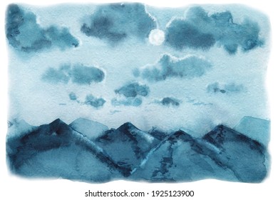 Landscape With Foggy Mountains, Moon, Clouds At Night. Hand Drawn Watercolor Illustration, Paper Close Up. Design Background, Template, Postcard Cover