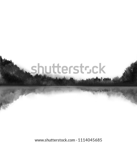 Landscape. Forest reflection in water. Watercolour illustration on white. 